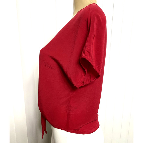Celine Red Silk Top Blouse Front Tie Knot Round Neck Short Sleeve Italy S - Picture 4 of 8